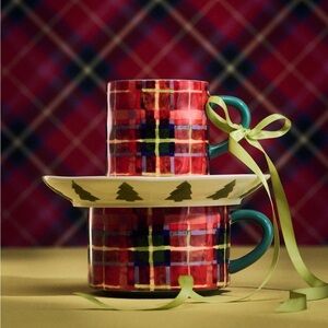 Anthropologie Tartan Stoneware Soup Mug | Red Pattern | NIB